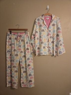 P.J. SALVAGE Pajama Set Multi-Pastel Elephant Print 2 Piece Shirt & Pants SZ XL